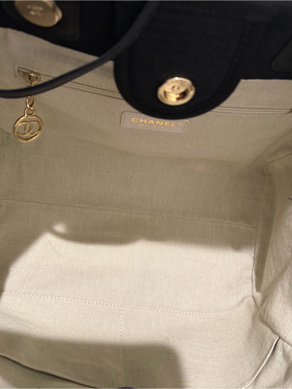 CHANEL Black Canvas Tote with Leather Handles and Gold Chain Accents - Picture 9 of 14